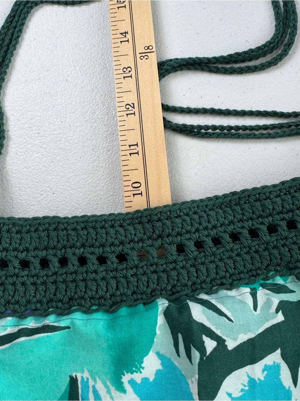 Handmade Crochet Fabric Shoulder Bag Boho Tropical Leaf Print Dark Green